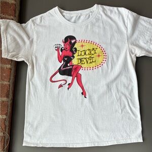 Lucky Devil Shirt White Graphic Tee With She-Devil Vintage 60’s Style Women’s L